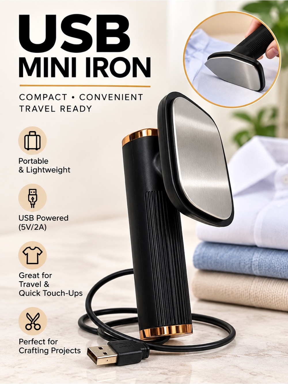 Portable USB Mini Iron Handheld Travel Craft Iron Black Gold